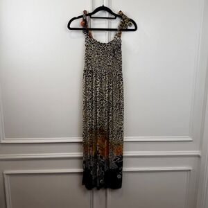 FC Leopard Print Smocked Maxi Dress Tie Shoulder Floral Border S-M Long